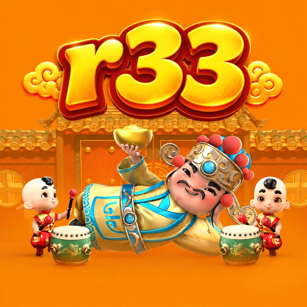 Logo r33 menampilkan Dewa Kemakmuran memegang sebongkah emas di Fortune Gods