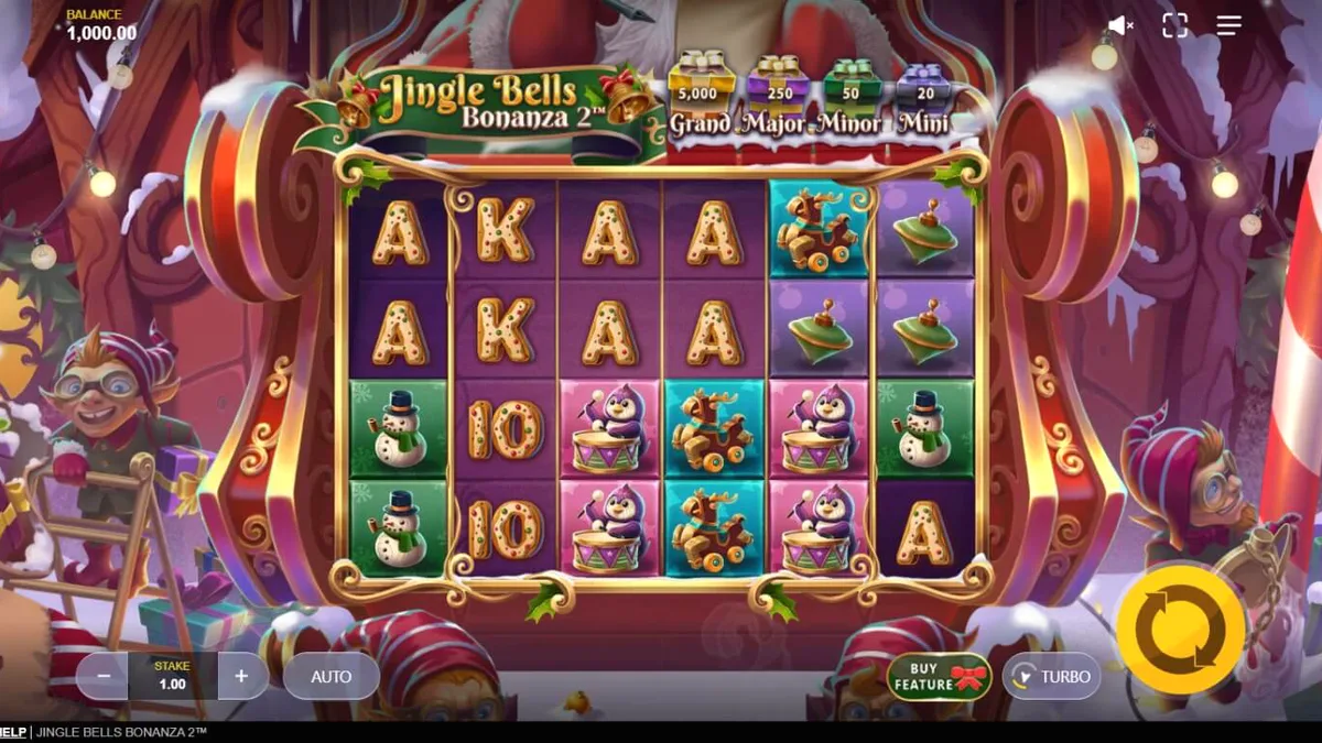 Pemandangan meriah dari slot Jingle Bells Bonanza 2 dengan tema Natal yang ceria