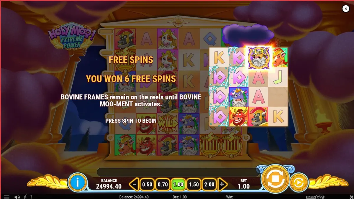 Tampilan visual slot Holy Moo! Extreme Power dengan karakter sapi dewa Olympus